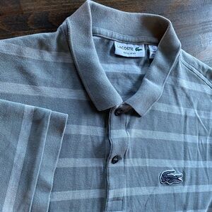 Lacoste Polo Shirt Mens Medium White Gray Stripe Regular Fit Cotton Short Sleeve